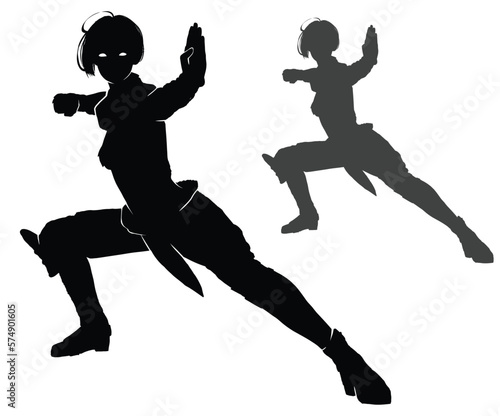 A black silhouette with a beautiful girl who is a master of martial artist, she has a square hairstyle, she stands in an epic wide stance with her palm out in front of her. 2d simple art