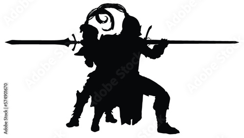 Two knight companions in thick shiny armor, wearing plumed helmets, a man and a woman stand back to back preparing for battle as a unit. 2d art