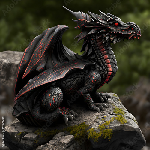 Black dragon on rock, Generative Ai