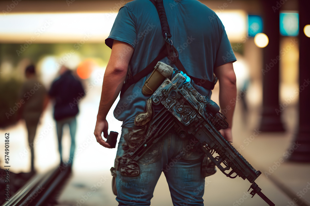 Man with a machine gun firearm in a shopping mall with many people