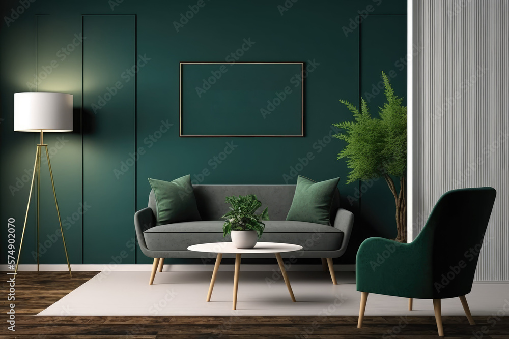 Interior room mockup with a set of furniture on a painted wall and a wooden floor. Use to showcase your product. illustration. Generative AI Interior room mockup with a set of furniture on a painted wall and a wooden floor. Use to showcase your product. illustration. Generative AI