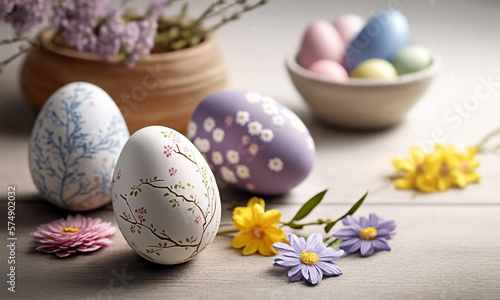 Easter eggs with spring flowers on a white wooden table. Generative AI