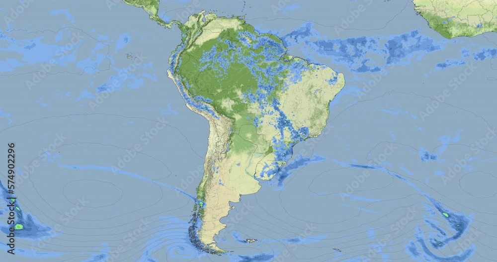 Meteorological map displays precipitation and atmospheric pressure