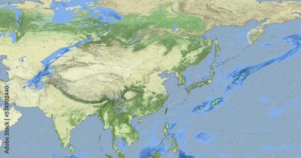 Meteorological map displays precipitation and atmospheric pressure