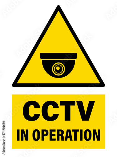 CCTV in operation, warning triangle sign with dome style security camera and text below.