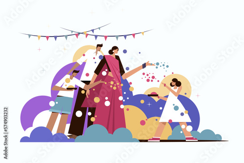 Illustration of a family celebrating Holi festival by throwing colours to each other