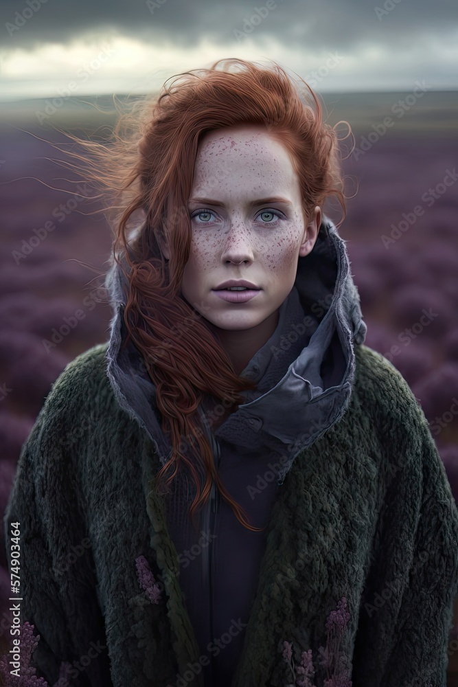 AI generated Portrait of a red-haired young woman in outerwear on a heather field AI generated Portrait of a red-haired young woman in outerwear on a heather field