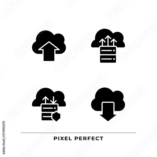 Data exchange via cloud resources black glyph icons set on white space. Upload and download files on virtual storage. Silhouette symbols. Solid pictogram pack. Vector isolated illustration