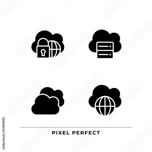 Safe access to cloud based storage black glyph icons set on white space. International communication on internet. Silhouette symbols. Solid pictogram pack. Vector isolated illustration