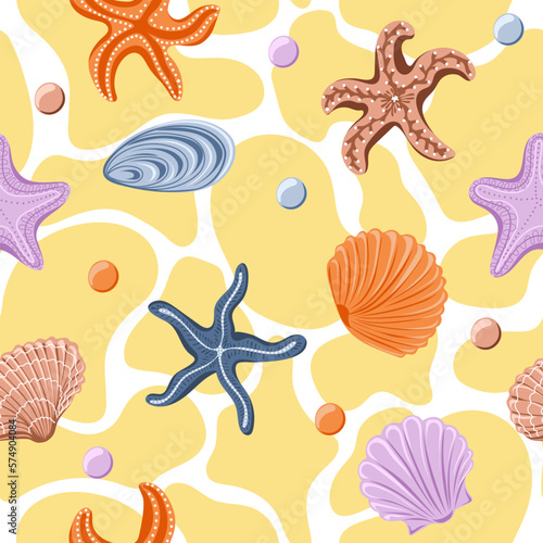Seamless pattern with different sea shells and starfish. Marine dwellers. Concept of sea and ocean life. Modern print for fabric, textiles, wrapping paper. Vector illustration