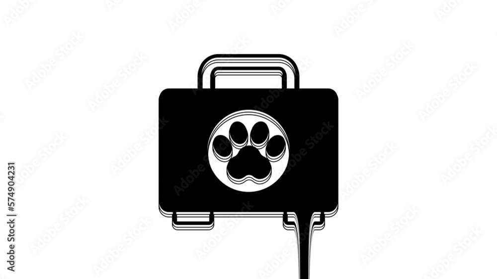 Black Pet first aid kit icon isolated on white background. Dog or cat paw print. Clinic box. 4K Video motion graphic animation Black Pet first aid kit icon isolated on white background. Dog or cat paw print. Clinic box. 4K Video motion graphic animation