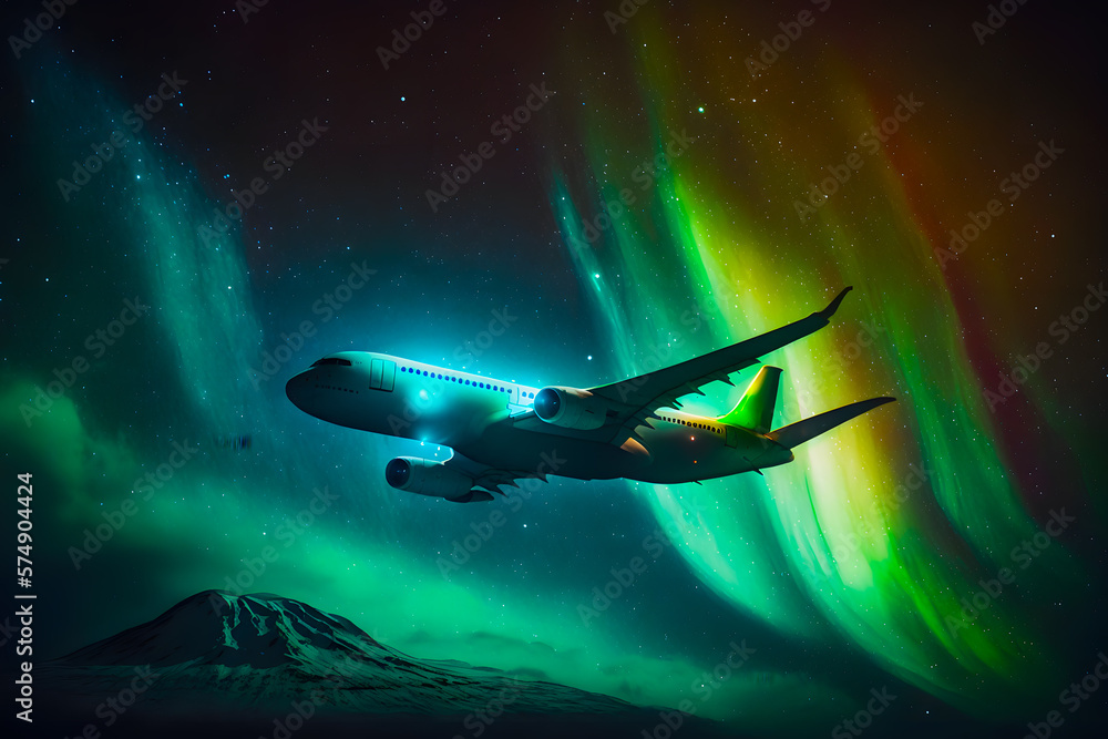 Fototapeta premium Northern Lights Aurora Borealis green with passenger plane flying above the clouds. Amazing magical natural phenomenon. Tourism, transportation, travel and cargo. Generative AI.