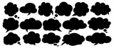 Set of blank black speech bubble text in flat design, sticker for chat symbol, label, tag or dialog word. Balloon doodle style of thinking sign symbol.