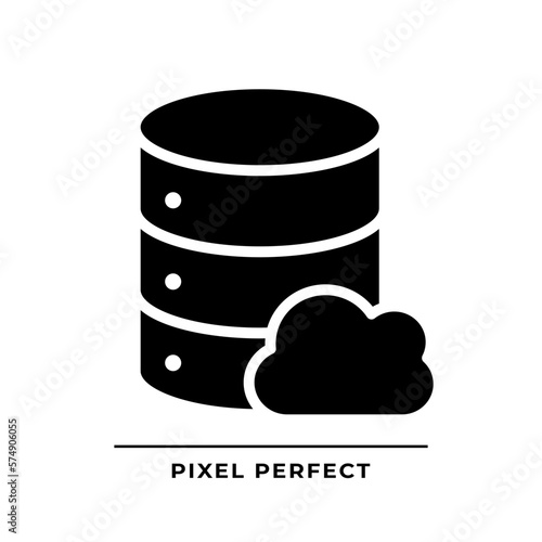 Cloud database black glyph icon. Computing technology of dataset processing. Online server facility. Silhouette symbol on white space. Solid pictogram. Vector isolated illustration