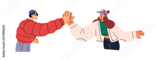 Friends giving high-five, greeting gesture. Young man and woman clapping palms together. Support, trust, approval, friendship concept. Flat graphic vector illustration isolated on white background