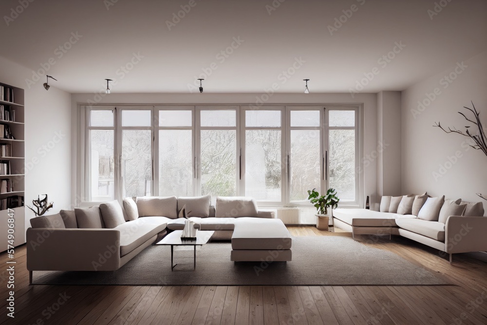 Fototapeta premium Stylish scandinavian living room with design mint sofa, furnitures, mock up poster map, plants and elegant personal accessories. Modern home decor. Bright and sunny room. Generative AI illustration.
