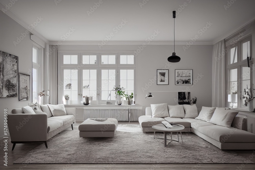 Stylish scandinavian living room with design mint sofa, furnitures, mock up poster map, plants and elegant personal accessories. Modern home decor. Bright and sunny room. Generative AI illustration. Stylish scandinavian living room with design mint sofa, furnitures, mock up poster map, plants and elegant personal accessories. Modern home decor. Bright and sunny room. Generative AI illustration.