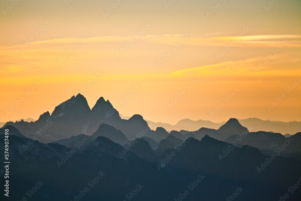ayers of mountain silhouettes including the west face of Mount Judge Howay, British Columbia, Canada. ayers of mountain silhouettes including the west face of Mount Judge Howay, British Columbia, Canada.