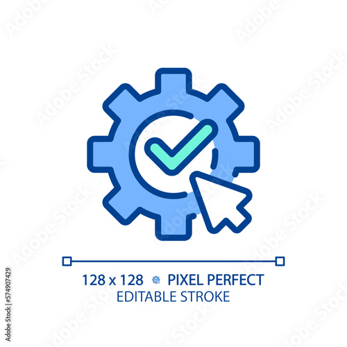 Apply settings pixel perfect RGB color icon. Save changes. Successful completion. Computer system configuration. Isolated vector illustration. Simple filled line drawing. Editable stroke
