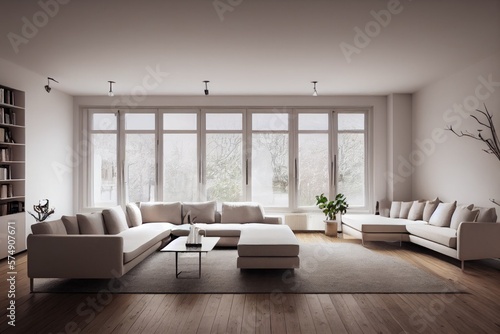 Stylish scandinavian living room with design mint sofa  furnitures  mock up poster map  plants and elegant personal accessories. Modern home decor. Bright and sunny room. Generative AI illustration.