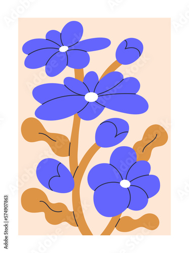 Floral poster, wall art, abstract blossomed flowers. Blooming spring plant, v...