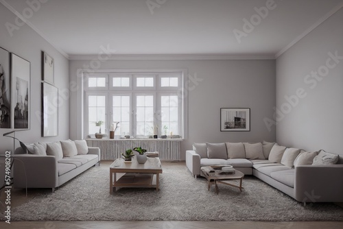 Stylish scandinavian living room with design mint sofa, furnitures, mock up poster map, plants and elegant personal accessories. Modern home decor. Bright and sunny room. Generative AI illustration.