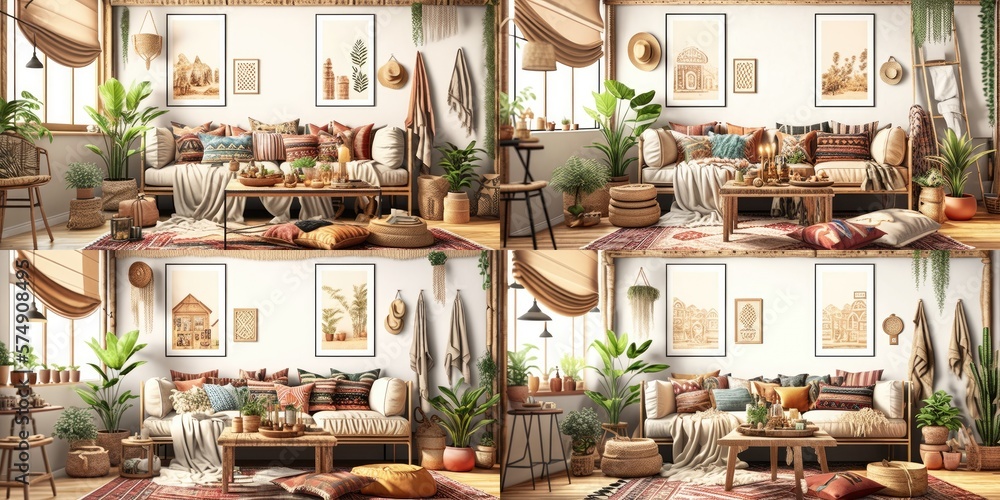 Stylish scandinavian living room with design mint sofa, furnitures, mock up poster map, plants and elegant personal accessories. Modern home decor. Bright and sunny room. Generative AI illustration. Stylish scandinavian living room with design mint sofa, furnitures, mock up poster map, plants and elegant personal accessories. Modern home decor. Bright and sunny room. Generative AI illustration.
