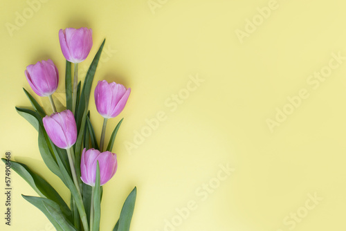 Gently pink tulips on the yellow background. Spring background with a bouquet of flowers with copy space. Flat lay