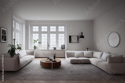 Stylish scandinavian living room with design mint sofa  furnitures  mock up poster map  plants and elegant personal accessories. Modern home decor. Bright and sunny room. Generative AI illustration.