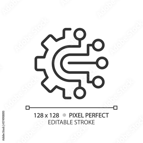 AIOps pixel perfect linear icon. Artificial intelligence for it operations. Automated process. Machine learning. Thin line illustration. Contour symbol. Vector outline drawing. Editable stroke