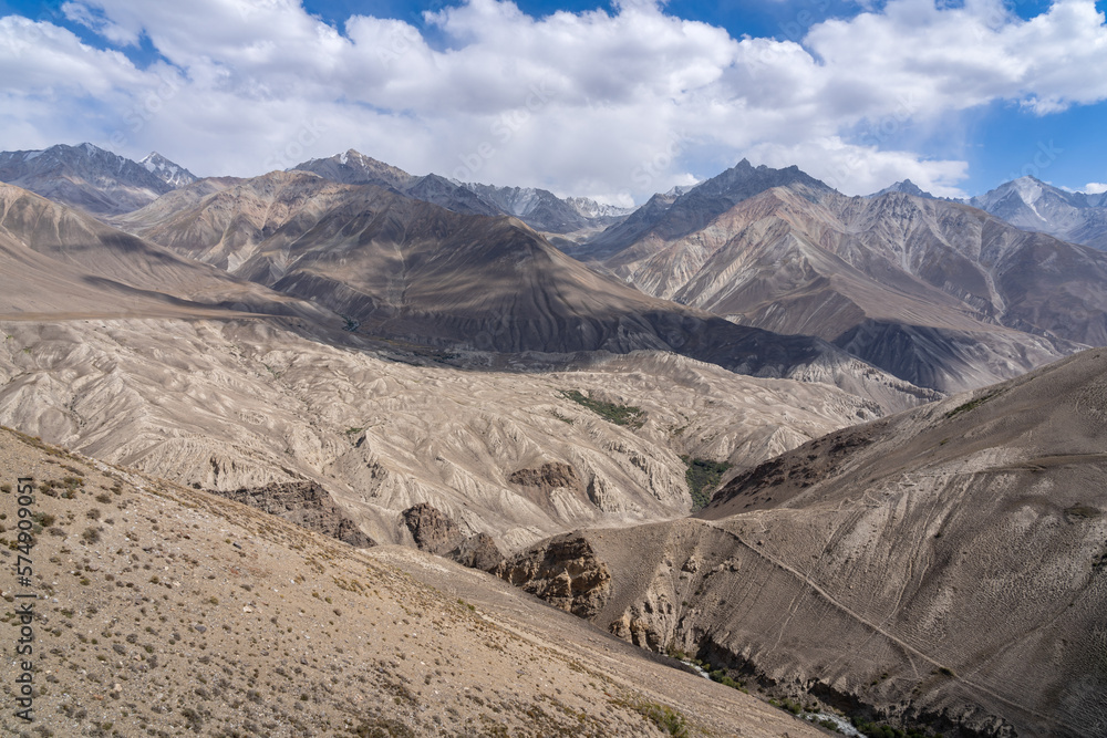 Landscape view of the Wakhan mountain range in Afghanistan from the high-altitude desert between Langar and Khargush, Gorno-Badakshan, Tajikistan Pamir