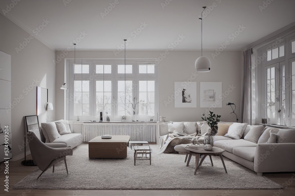 Fototapeta premium Stylish scandinavian living room with design mint sofa, furnitures, mock up poster map, plants and elegant personal accessories. Modern home decor. Bright and sunny room. Generative AI illustration.