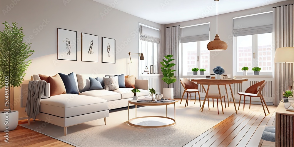 Fototapeta premium Stylish scandinavian living room with design mint sofa, furnitures, mock up poster map, plants and elegant personal accessories. Modern home decor. Bright and sunny room. Generative AI illustration.