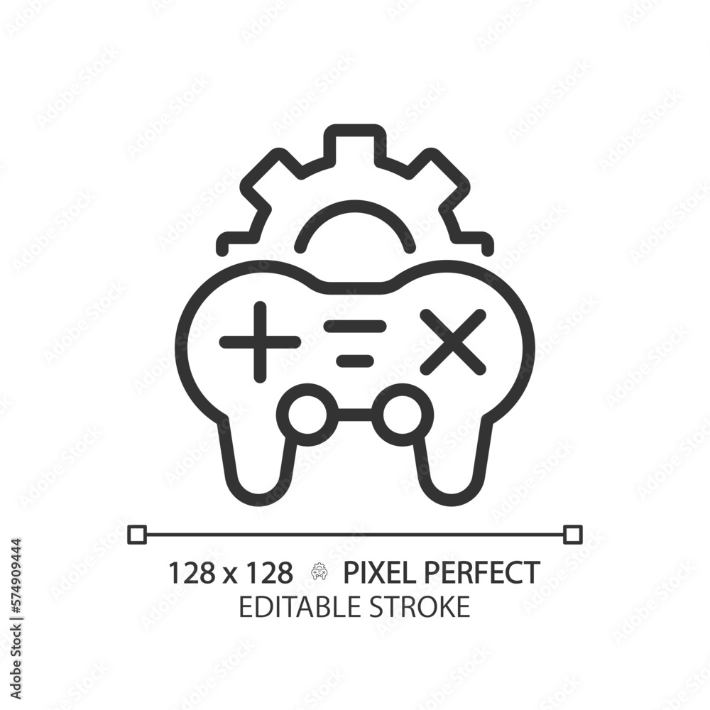 Game settings pixel perfect linear icon. Videogame adjustment menu. Console controller. Gameplay optimization. Thin line illustration. Contour symbol. Vector outline drawing. Editable stroke Game settings pixel perfect linear icon. Videogame adjustment menu. Console controller. Gameplay optimization. Thin line illustration. Contour symbol. Vector outline drawing. Editable stroke