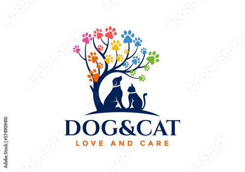Logo illustration of dog and cat under the tree.