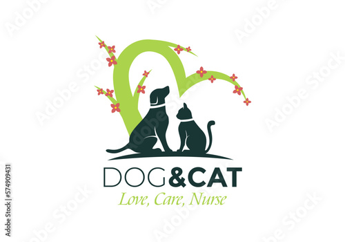Logo illustration of dog and cat under the tree.