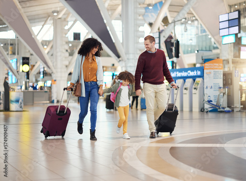 Family, holding hands at airport and travel with suitcase parents and child walking, ready for vacation and flight. Trust, adventure and people together at airline, transportation and journey