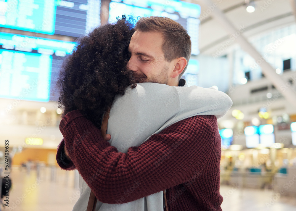 Couple, hug and farewell at airport for travel, trip or flight in goodbye for long distance relationship. Man and woman hugging before traveling, departure or immigration arrival waiting for airline - obrazy, fototapety, plakaty 