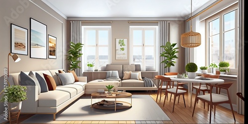 Stylish scandinavian living room with design mint sofa, furnitures, mock up poster map, plants and elegant personal accessories. Modern home decor. Bright and sunny room. Generative AI illustration. © Interior Stock Photo