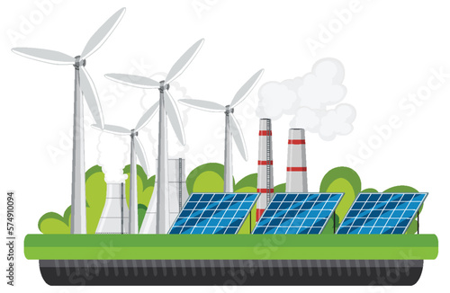 Green energy concept with solar panels and wind turbines