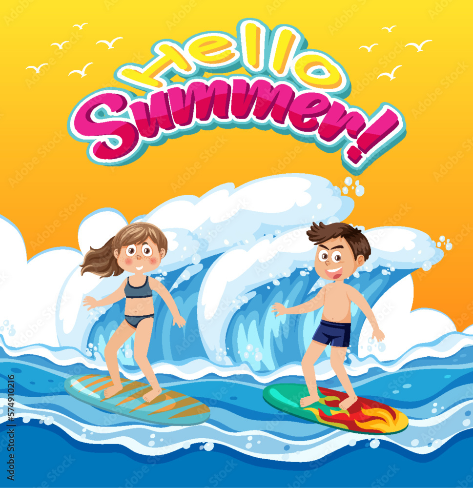 Hello summer text with couple surfing banner