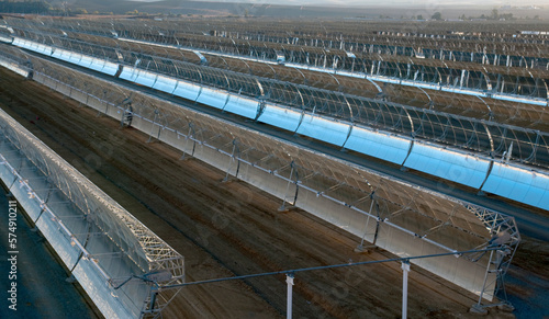 panoramic view of solar parabolic mirrors for producing solar power