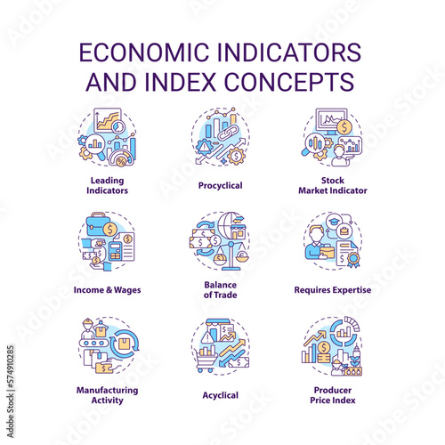 Economic indicators and index concept icons set. Business data analytics idea thin line color illustrations. Isolated symbols. Editable stroke. Roboto-Medium, Myriad Pro-Bold fonts used
