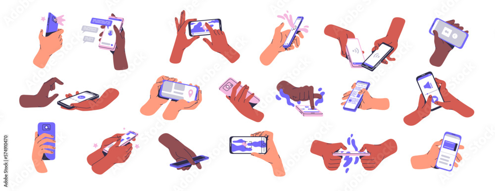 Hands holding mobile phones set. Using smartphones, cellphones apps ...