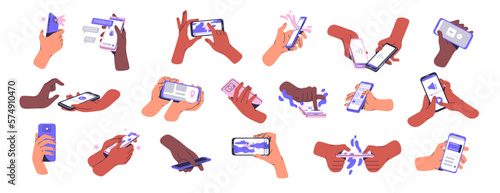 Hands holding mobile phones set. Using smartphones, cellphones apps, touching screen with different applications for photo, game, texting, GPS. Flat vector illustrations isolated on white background