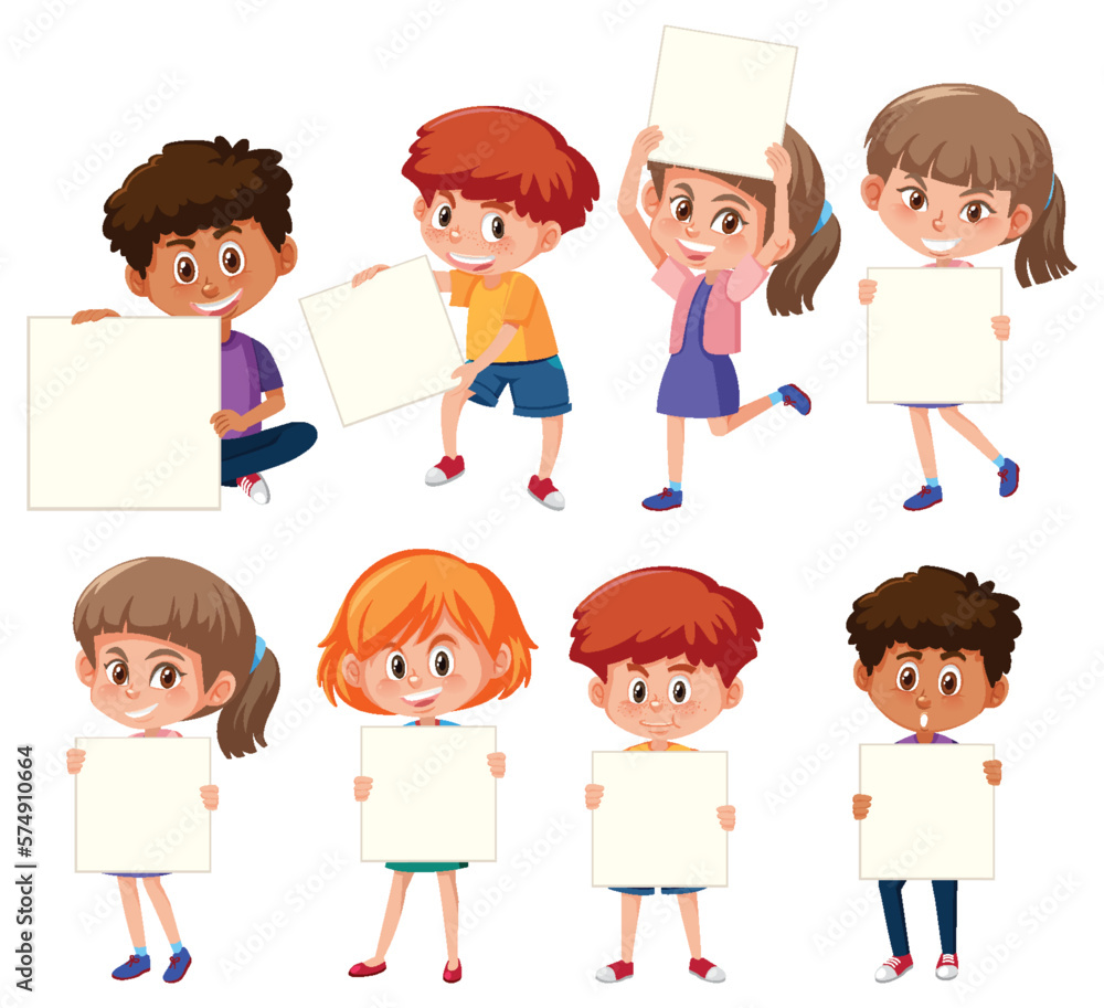 Set of children cartoon character holding banner