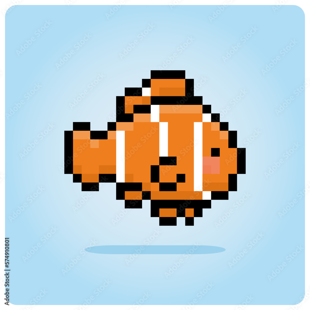 8 bit pixel, clown fish. Animals for game assets in vector illustrations.