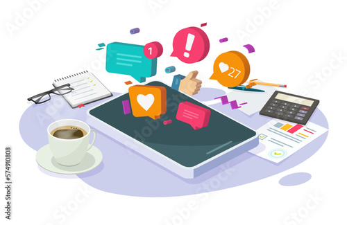 Social media marketing 3d isometric concept vector on cell phone smm network feed digital graphics illustration, advertising market audit research analyze app on cellphone, content strategy software