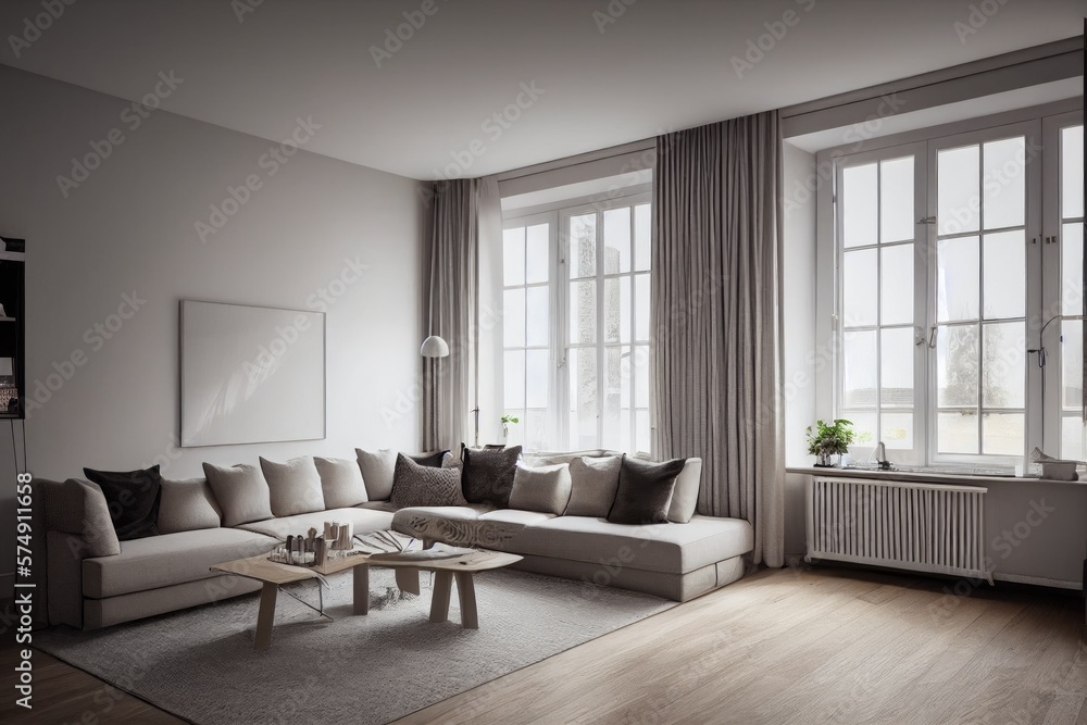 Fototapeta premium Stylish scandinavian living room with design mint sofa, furnitures, mock up poster map, plants and elegant personal accessories. Modern home decor. Bright and sunny room. Generative AI illustration.
