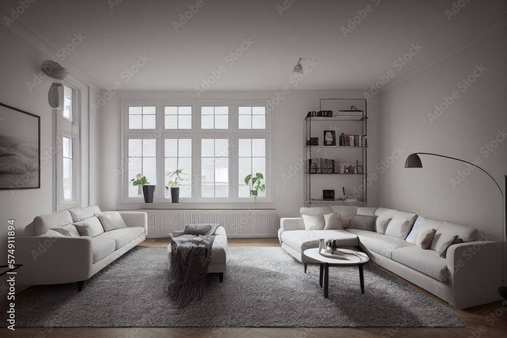 Fototapeta premium Stylish scandinavian living room with design mint sofa, furnitures, mock up poster map, plants and elegant personal accessories. Modern home decor. Bright and sunny room. Generative AI illustration.